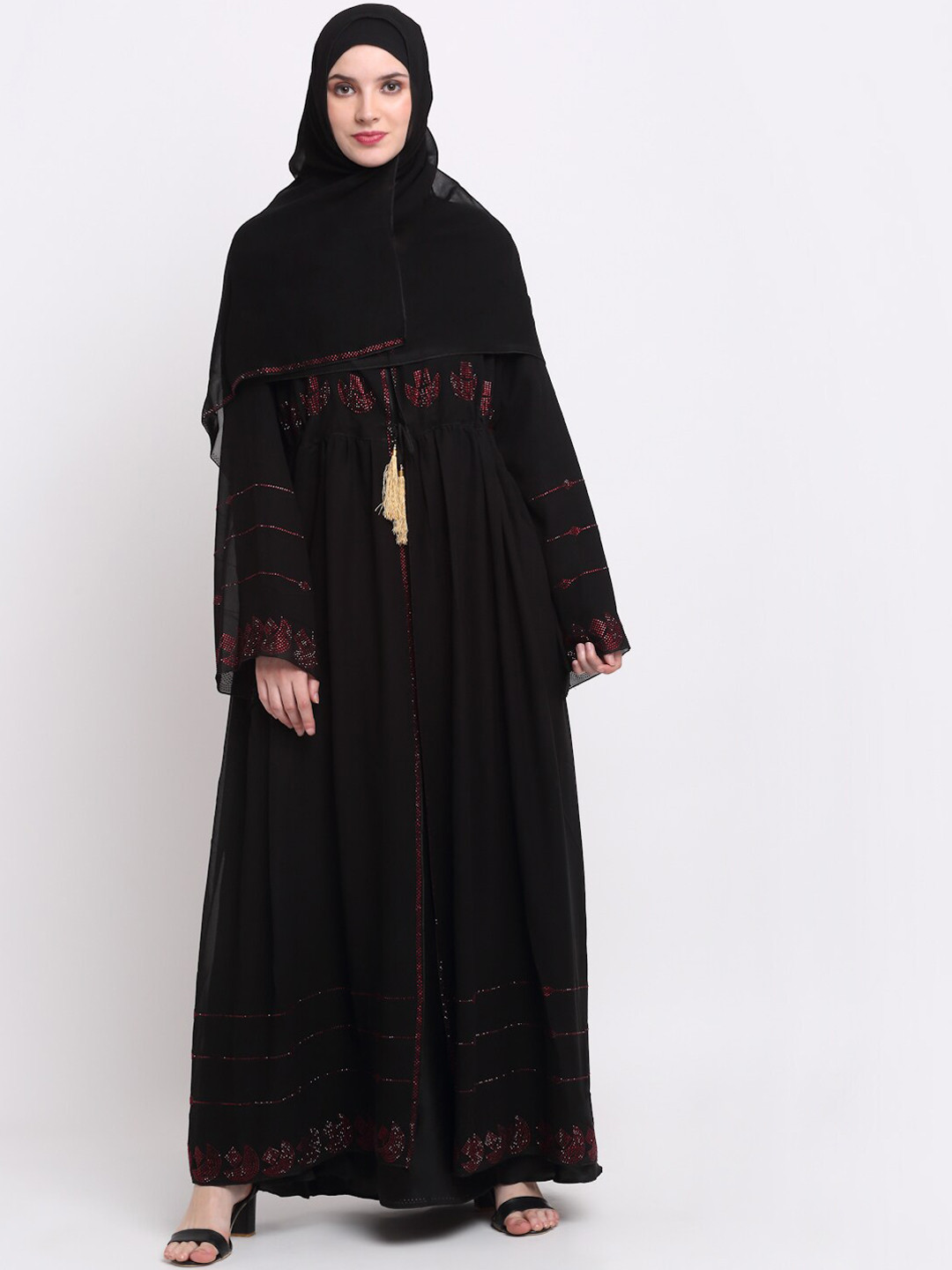 KLOTTHE Women Black & Red Embellished Burqas With Scarf