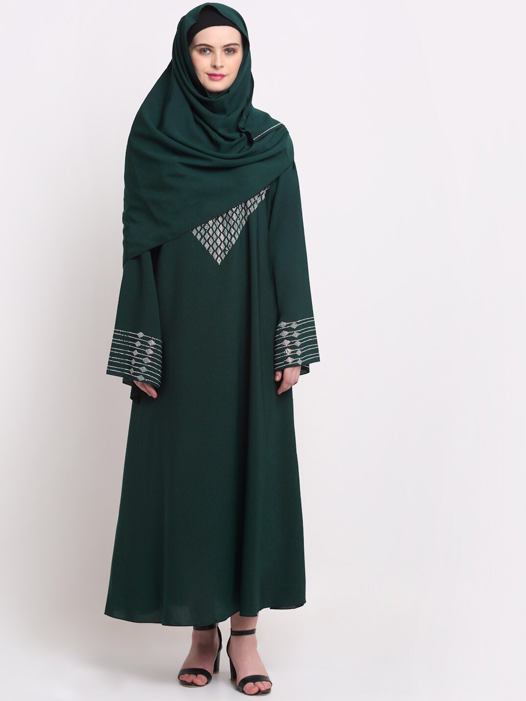 KLOTTHE Women Green & Silver-Coloured Embellished Burqas With Scarf