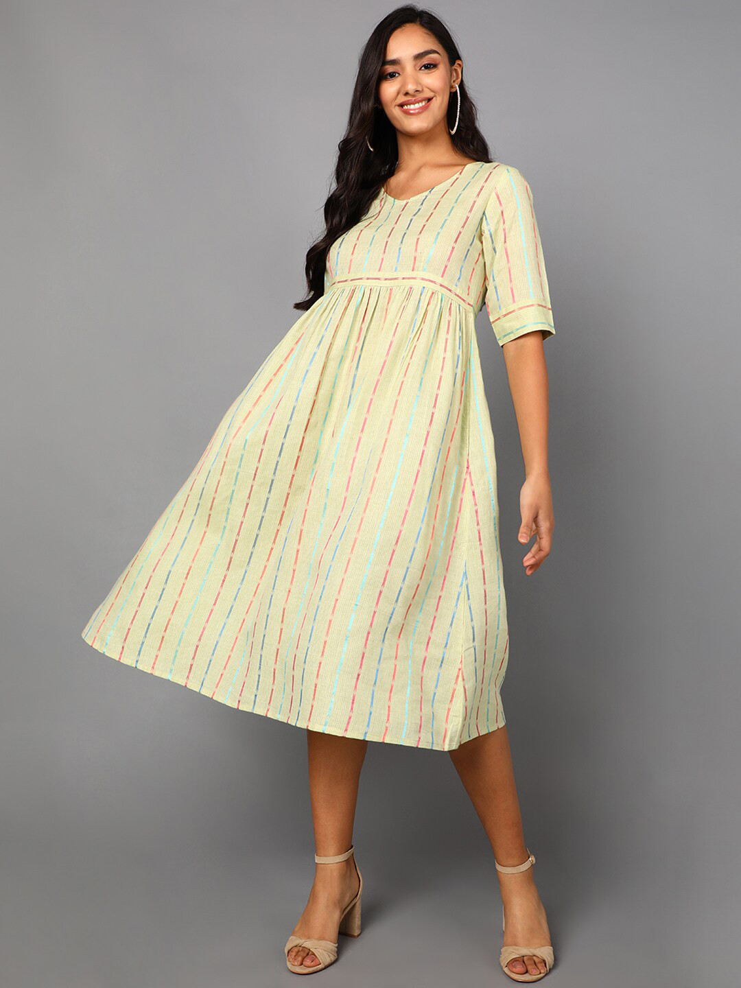 AHIKA Women Cream & Blue Striped Formal A-Line Midi Dress