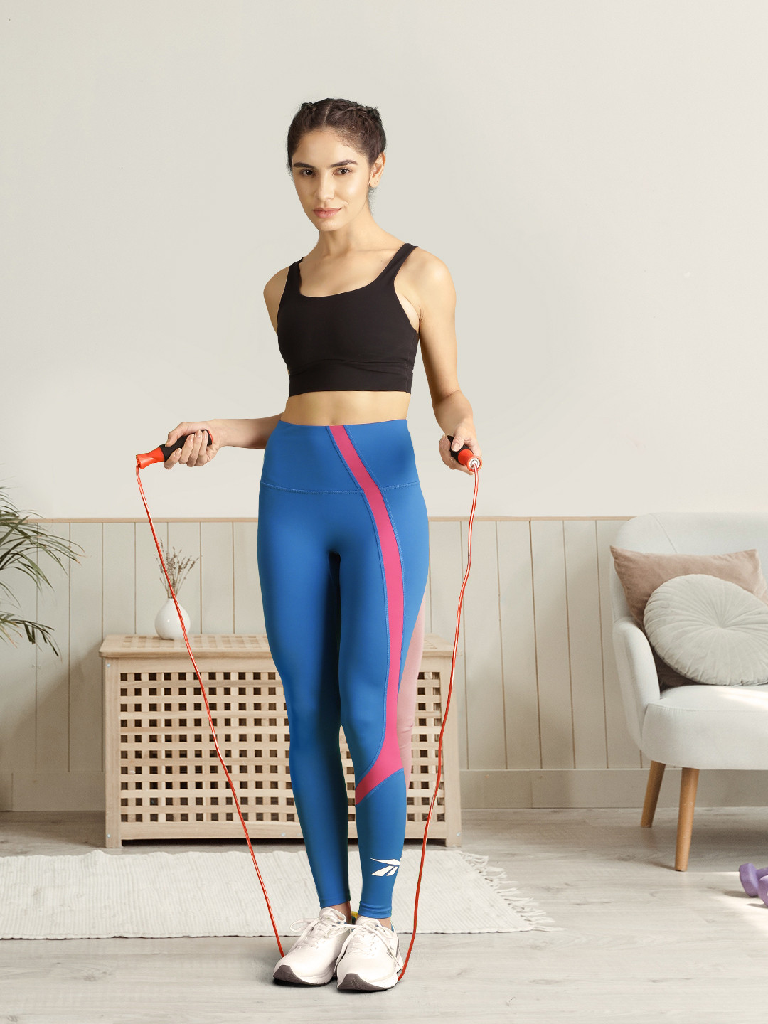 Reebok Women Blue Striped Workout Ready Vector Tights