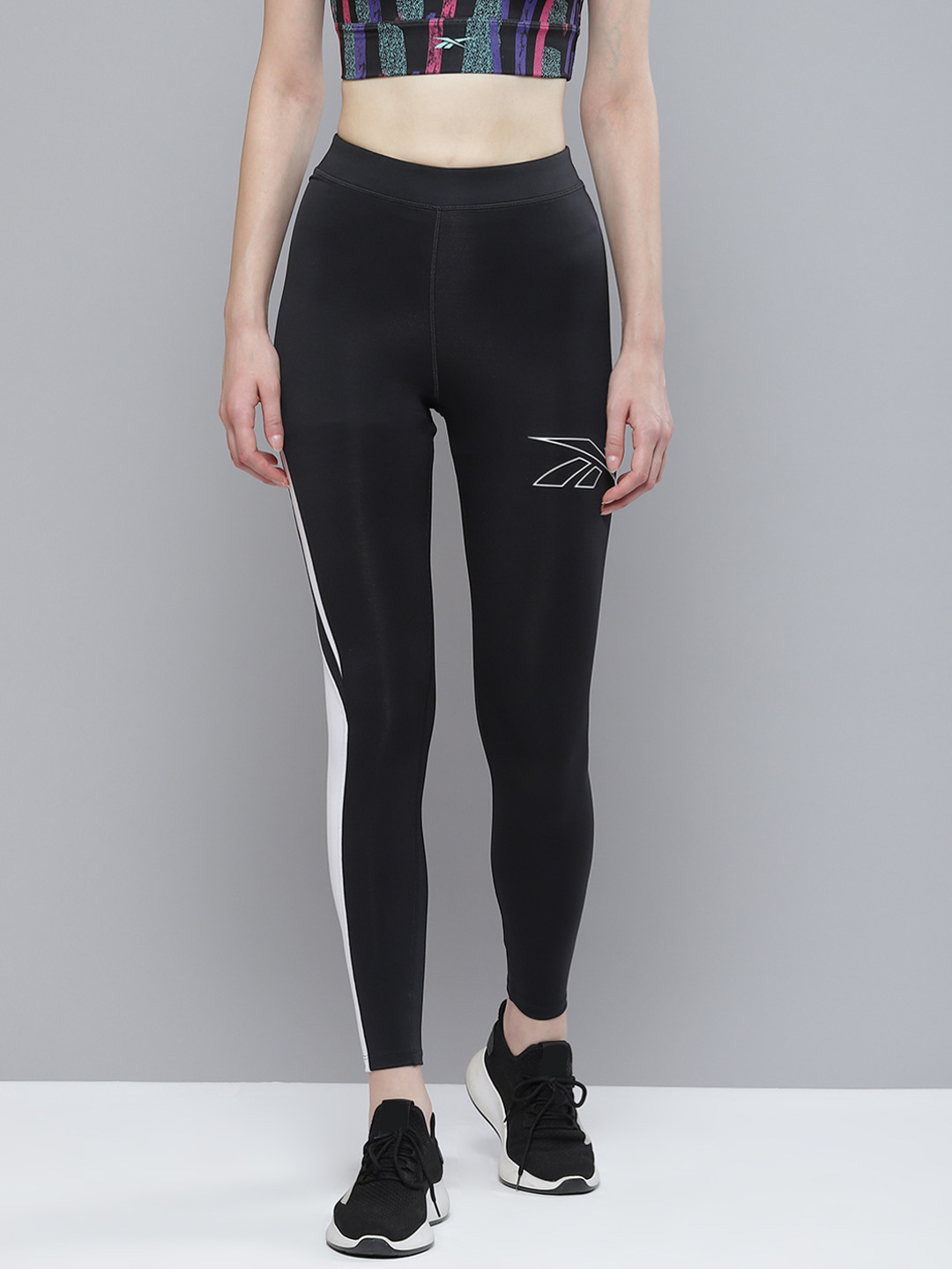 Reebok Women Black & White Striped Detail Running Vector Tights