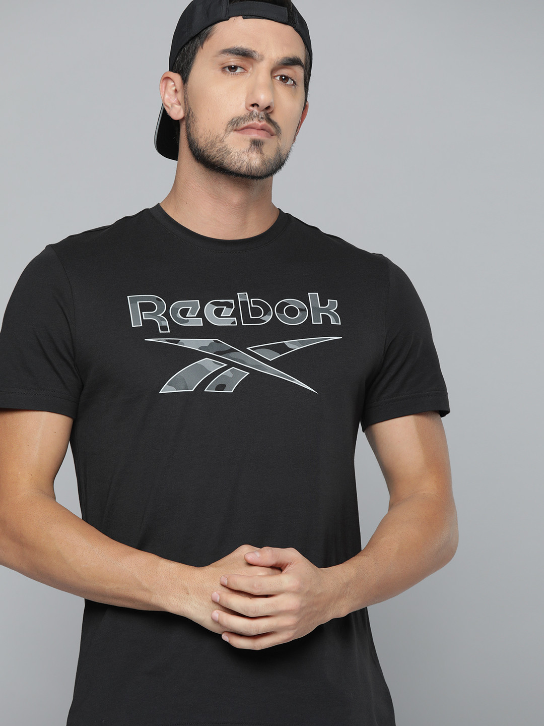 Reebok Men Black Identity Big Logo Printed Pure Cotton Slim Fit T-shirt