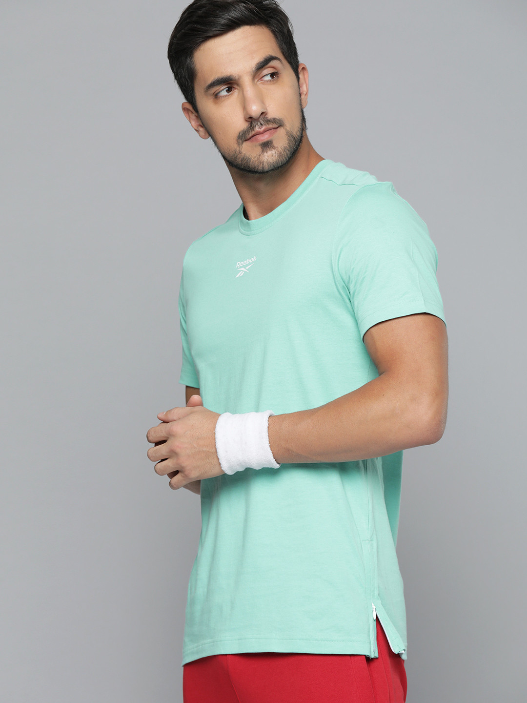 Reebok Men Sea Green Cotton Slim Fit Training T-shirt