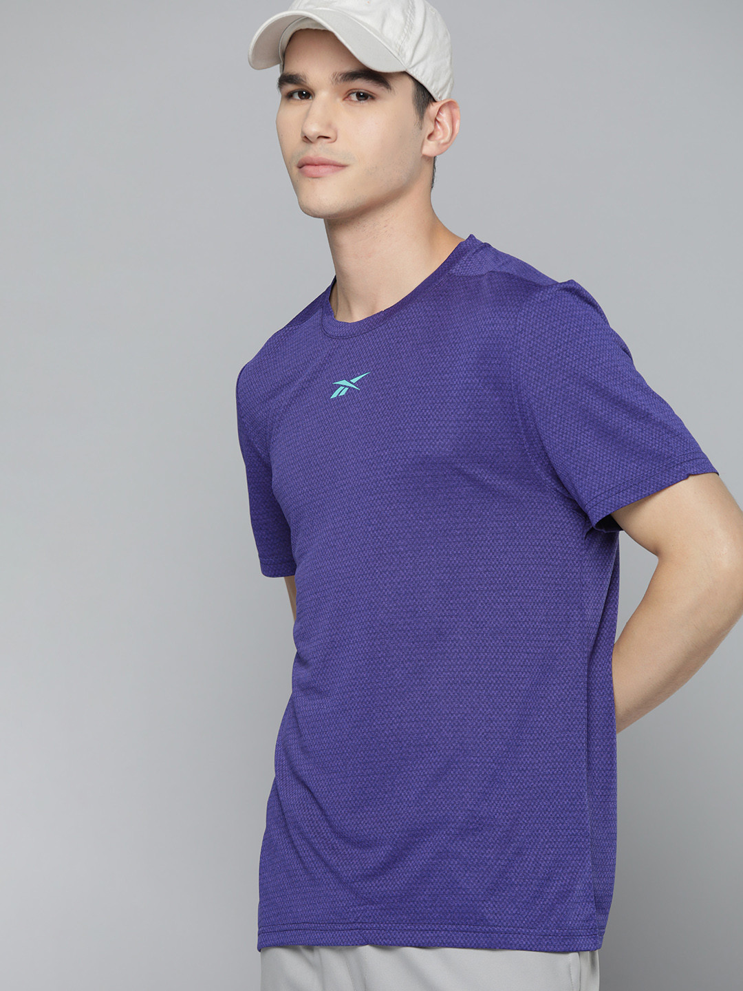 Reebok Men Violet Melange Self-Design Training T-shirt