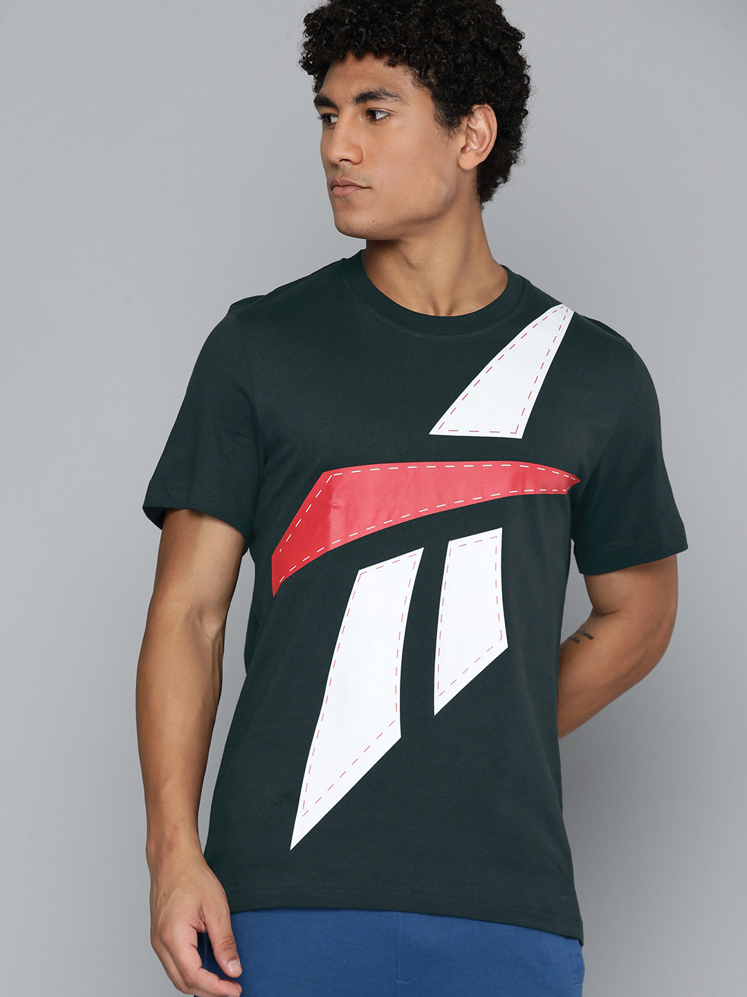 Reebok Classic Men Black & White Printed Polo Collar Pure Cotton T-shirt
