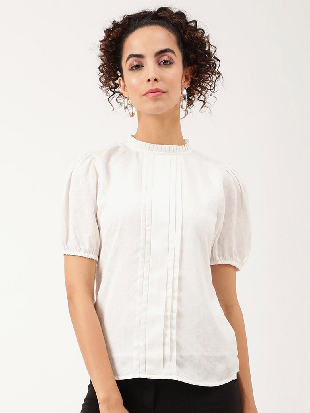 CENTRESTAGE Women White Solid Pleated Mandarin Collar Top