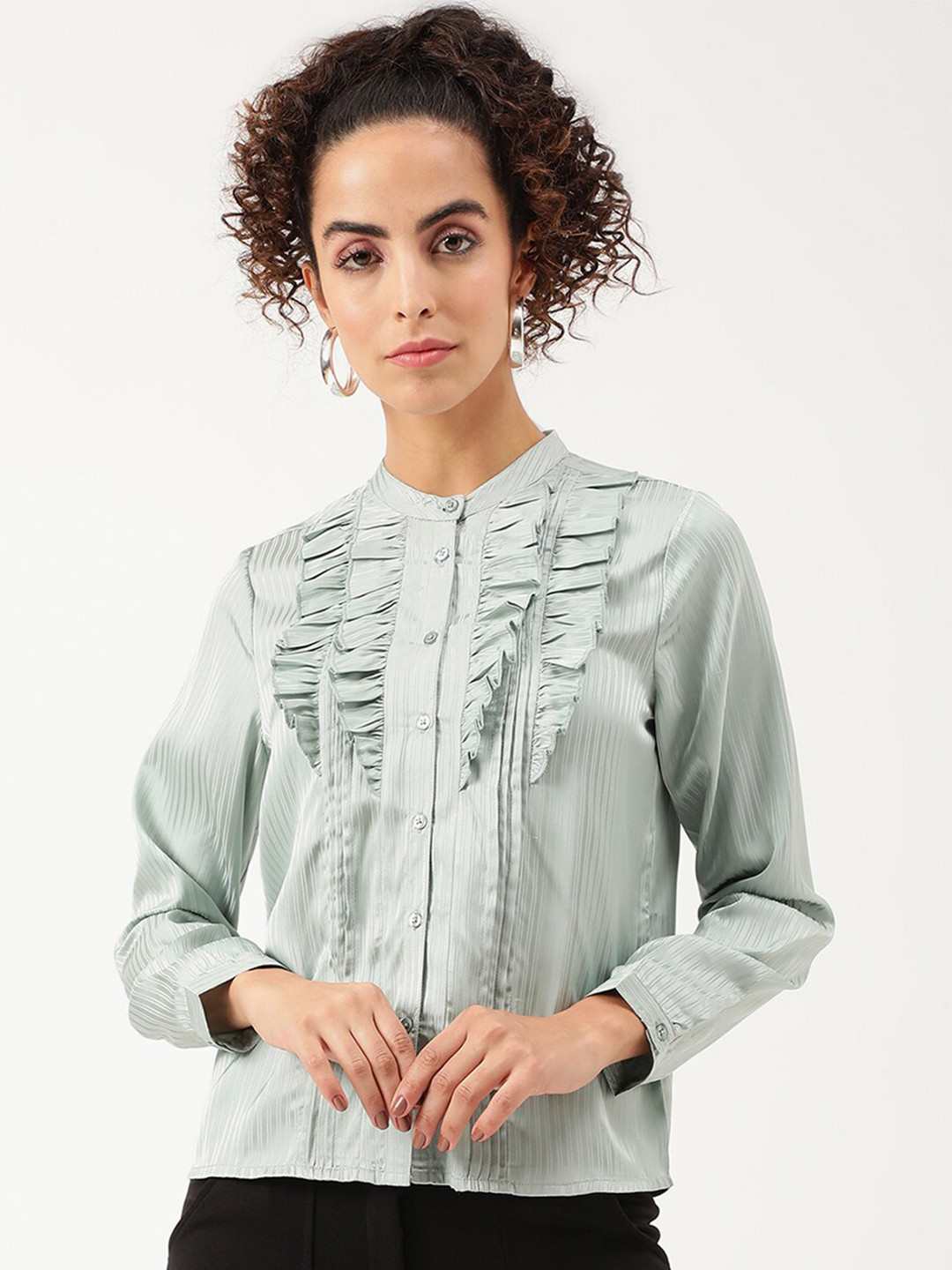 CENTRESTAGE Green Mandarin Collar Shirt Style Top