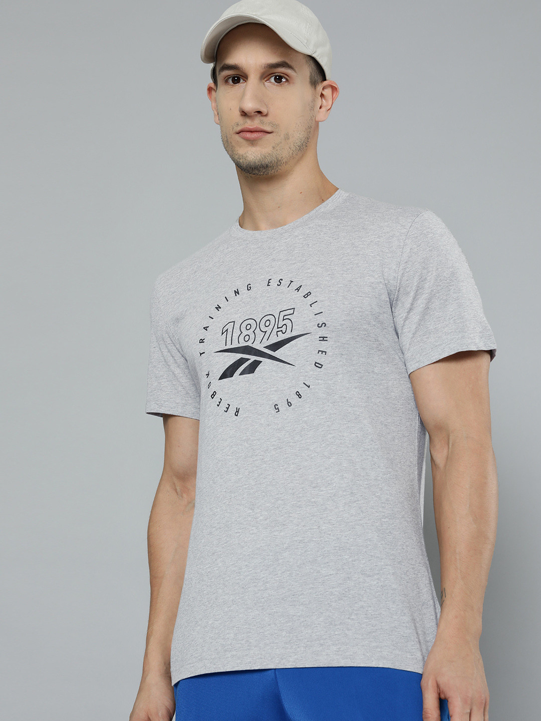 Reebok Men Grey Melange & Black Printed T-shirt
