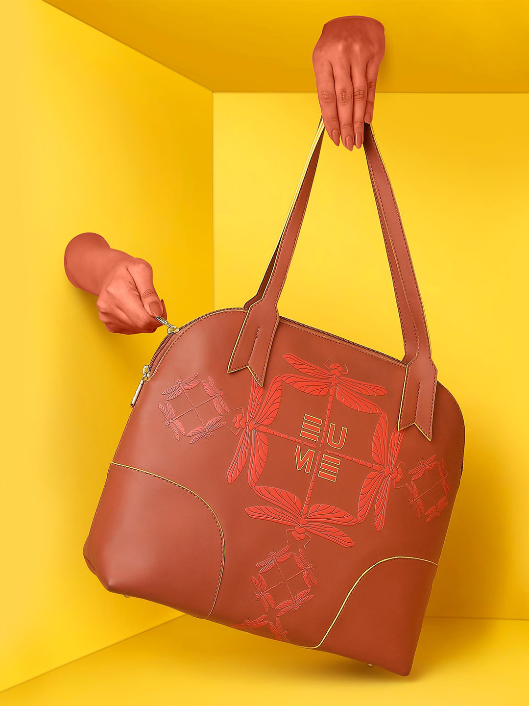 EUME Women Red Printed Structured Synthetic Leather Handbag