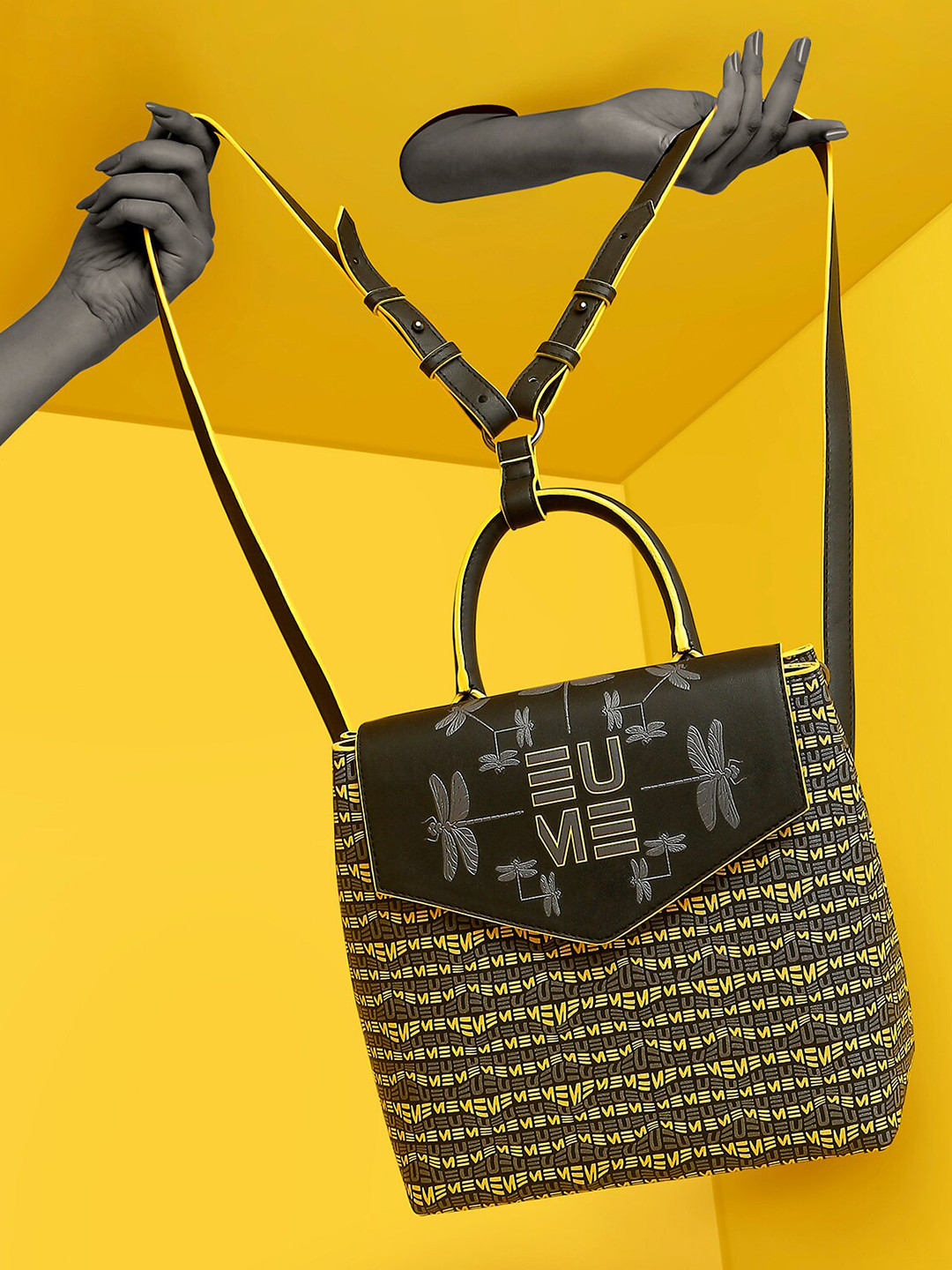 EUME Women Black Printed Structured Synthetic Leather Handbag