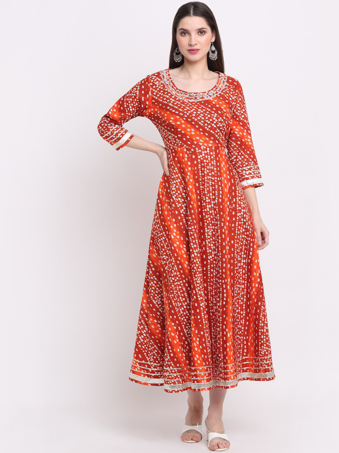 KALINI Women Orange Bandhani Printed Gotta Patti Pastels Anarkali Kurta