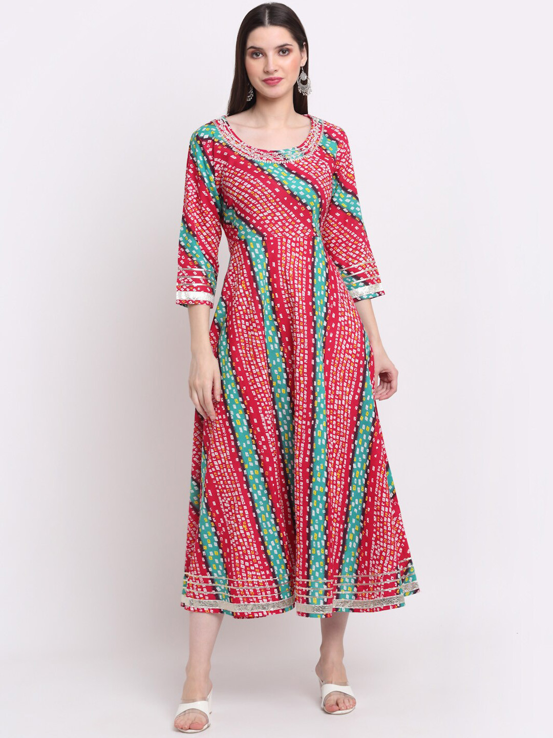 KALINI Women Red & Green Printed Flared Sleeves Pastels Anarkali Kurta
