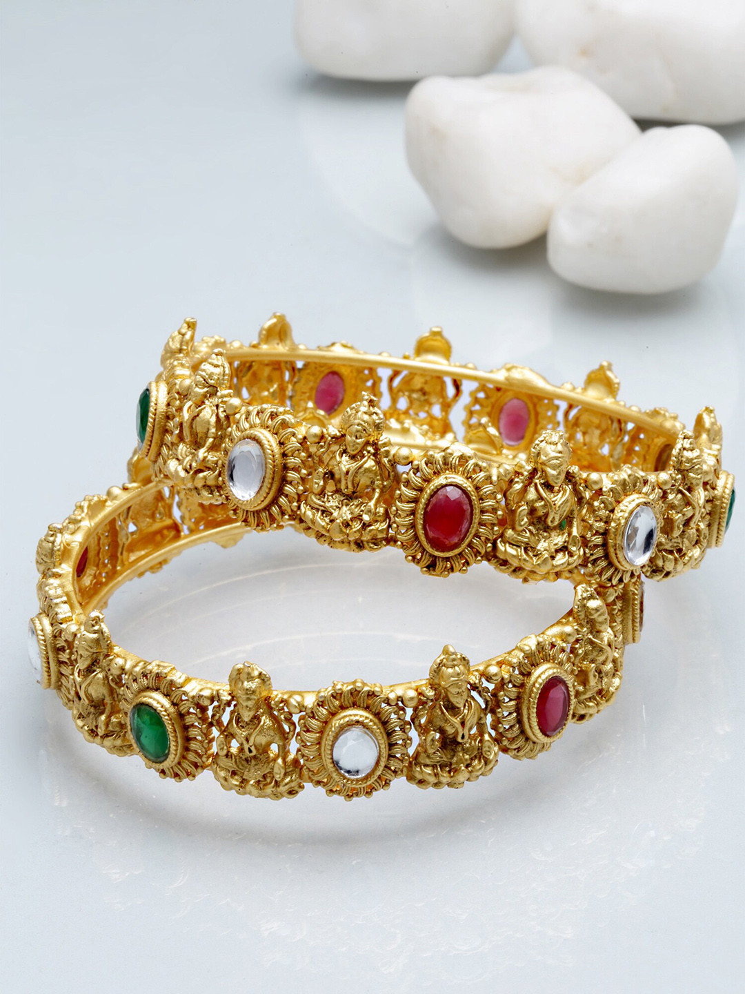 KARATCART Set Of 2 Gold-Plated Green & Red Kundan-Studded Mata Laxmi Rajwadi Temple Bangles