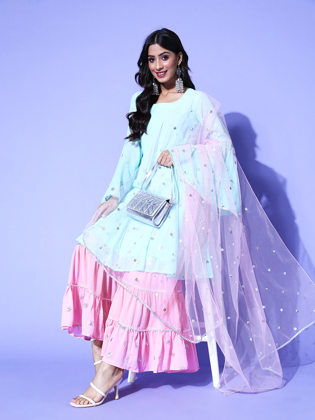 PANIT Women Woven Design Poly Georgette Bling it On Kurta Set