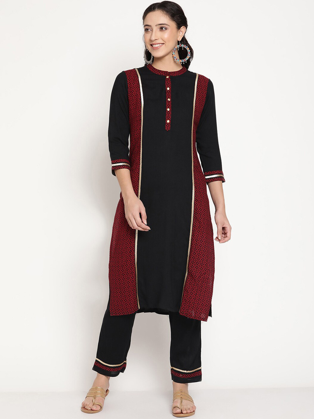 Be Indi Women Black Printed Panelled Lace Trim Detailing Kurta with Trouser