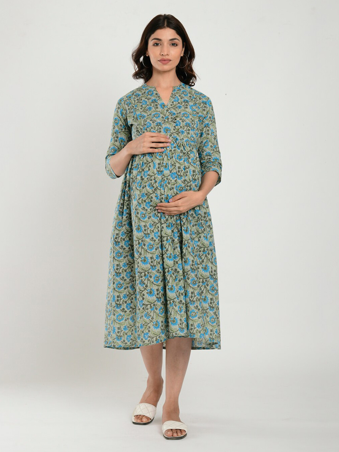 CRAFIQA Grey Floral Maternity & Nursing Cotton A-Line Midi Dress