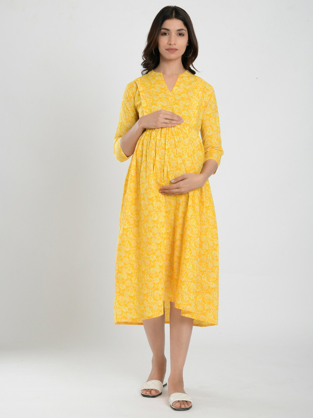CRAFIQA Women Yellow Floral Maternity & Nursing Cotton Midi Dress
