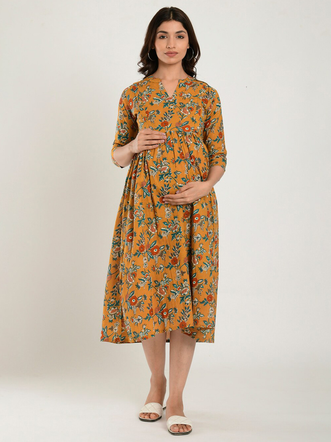 CRAFIQA Women Mustard Yellow Floral Maternity & Nursing Pure Cotton Midi Dress