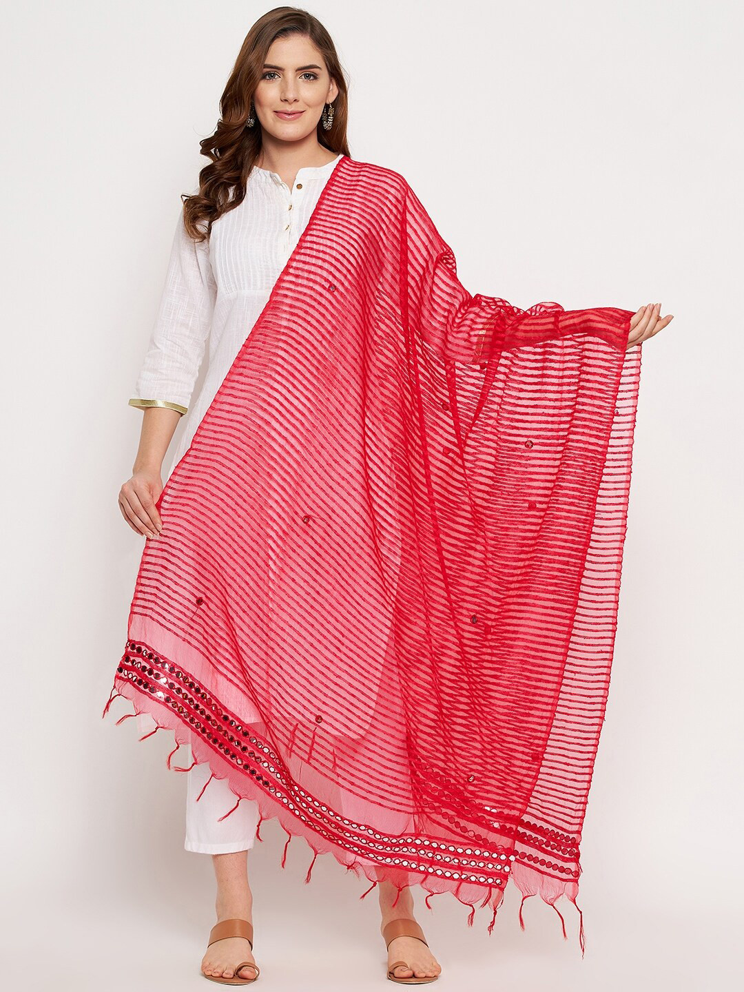 Clora Creation Red Striped Organza Dupatta with Mirror Work