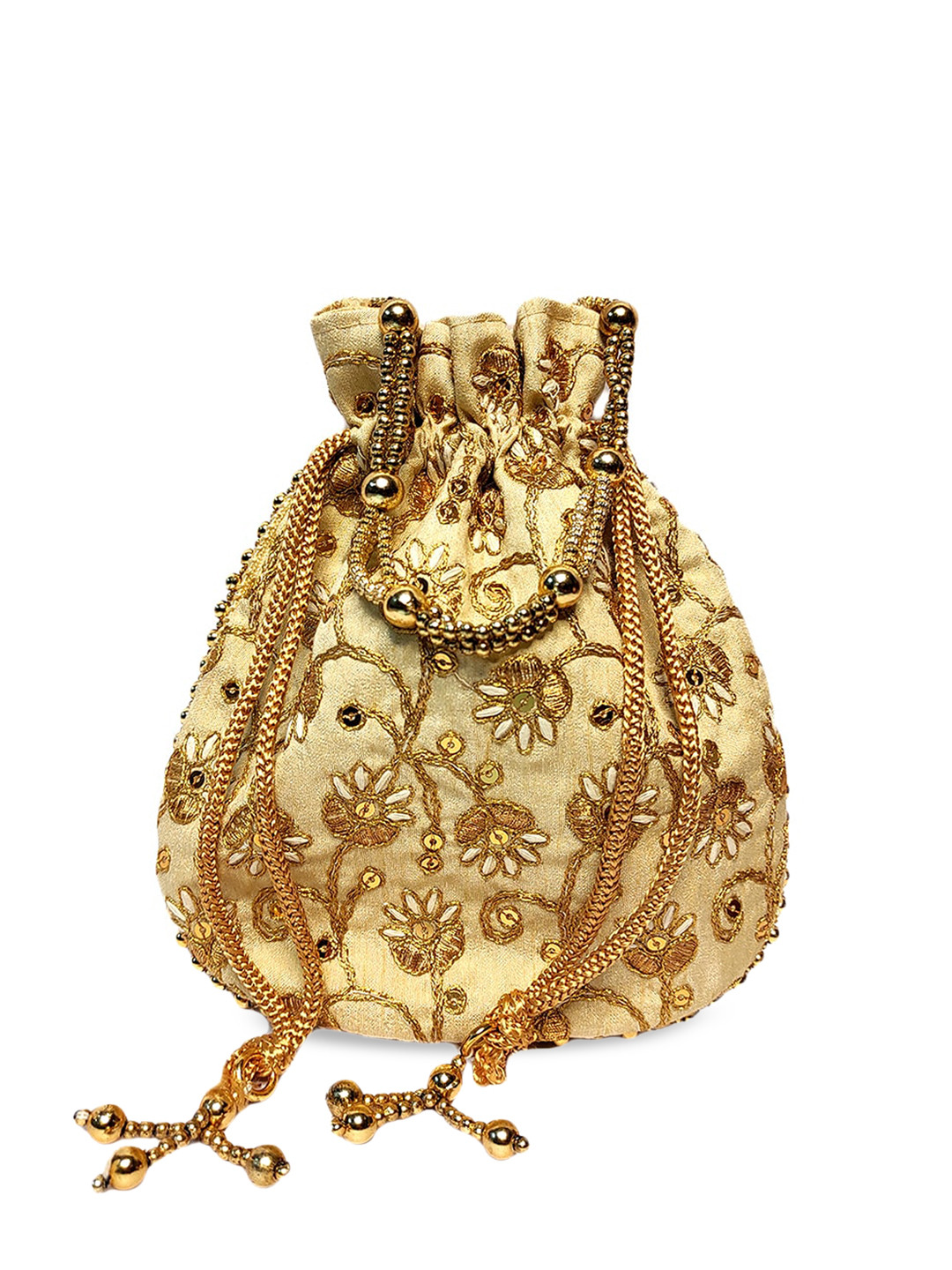 CRAYTON Women Golden Classic Potli with Rich Embroidery Clutches