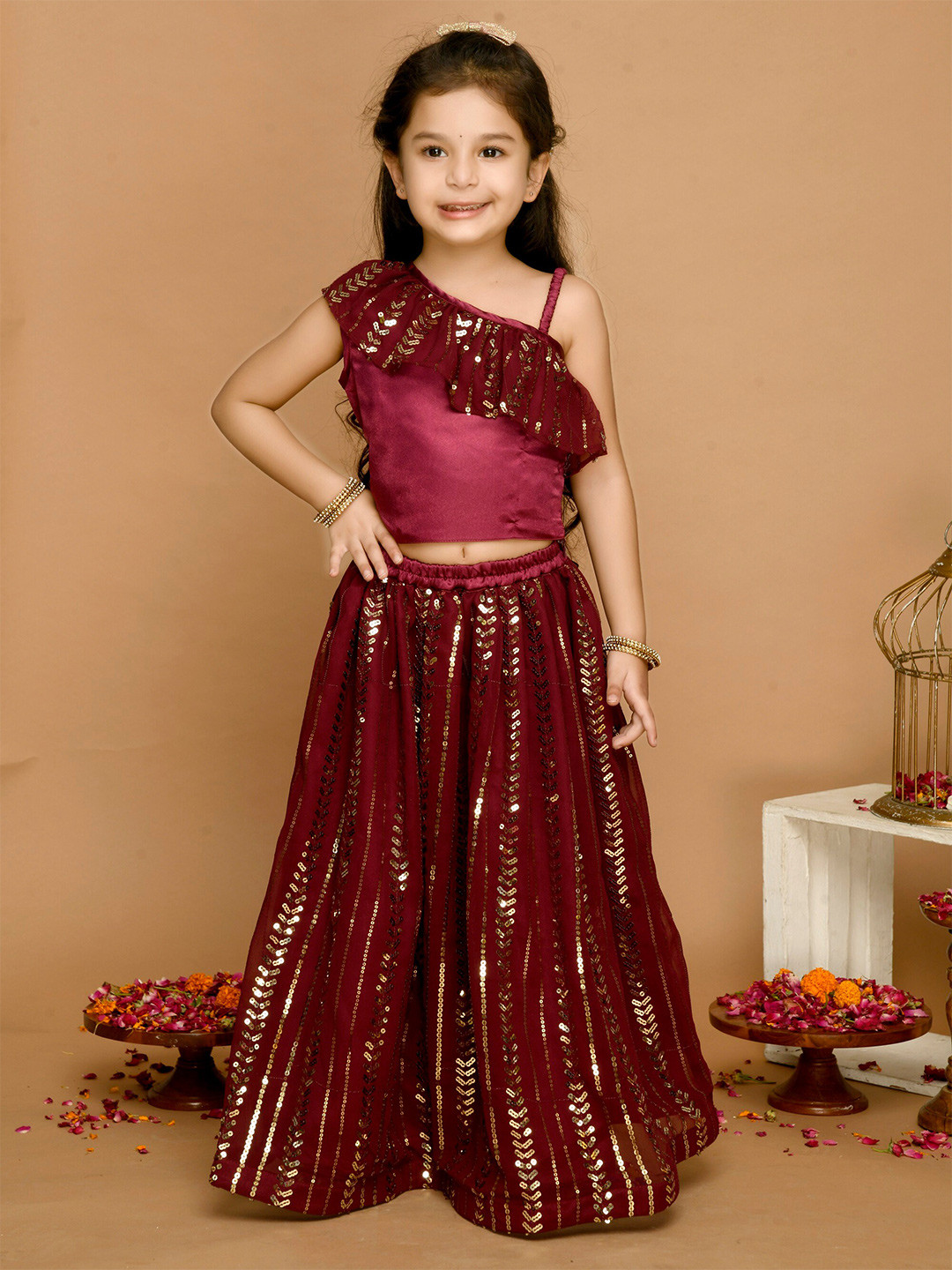 SAKA DESIGNS Girls Burgundy & Gold-Toned Ready to Wear Lehenga &