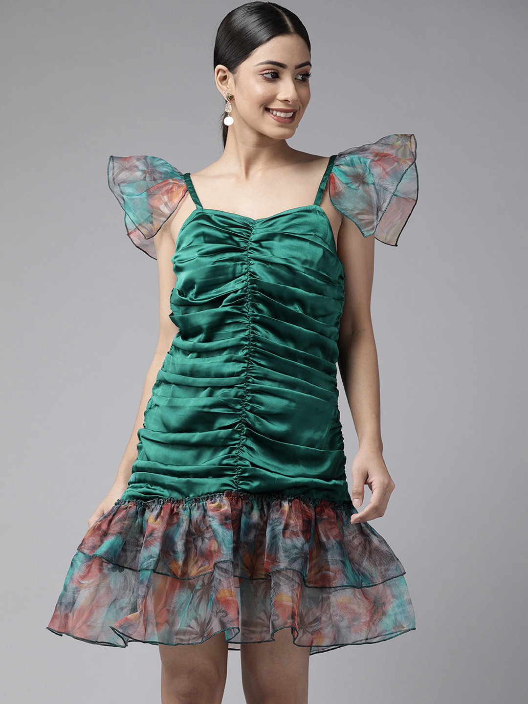 PANIT Green Floral Printed Ruched Sheath Dress