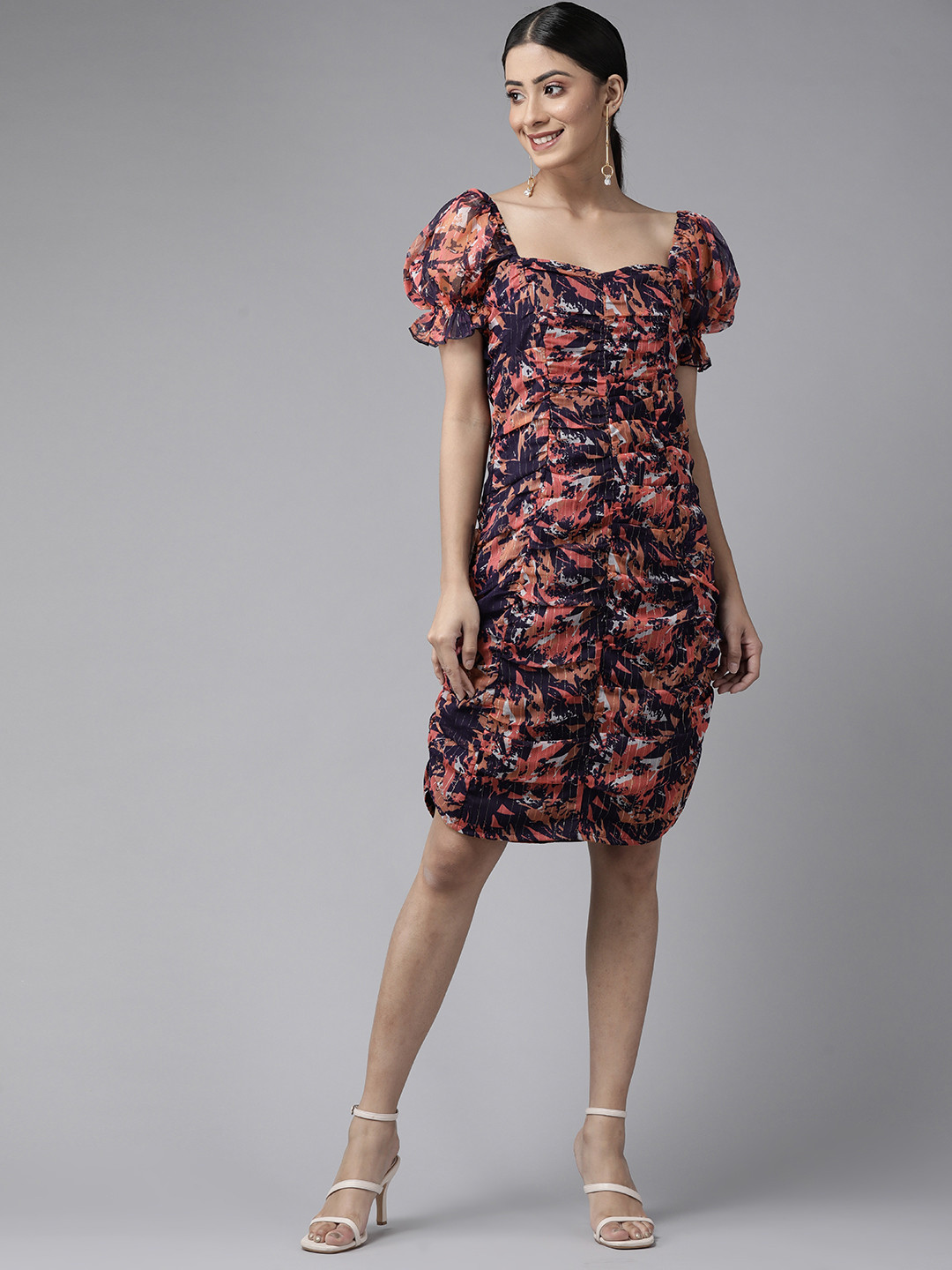 PANIT Navy Blue & Pink Floral Printed Ruched Sheath Dress