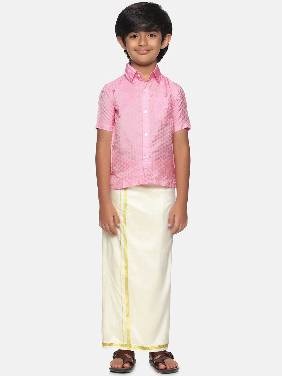 Sethukrishna Boys Pink & Off White Shirt with Dhoti