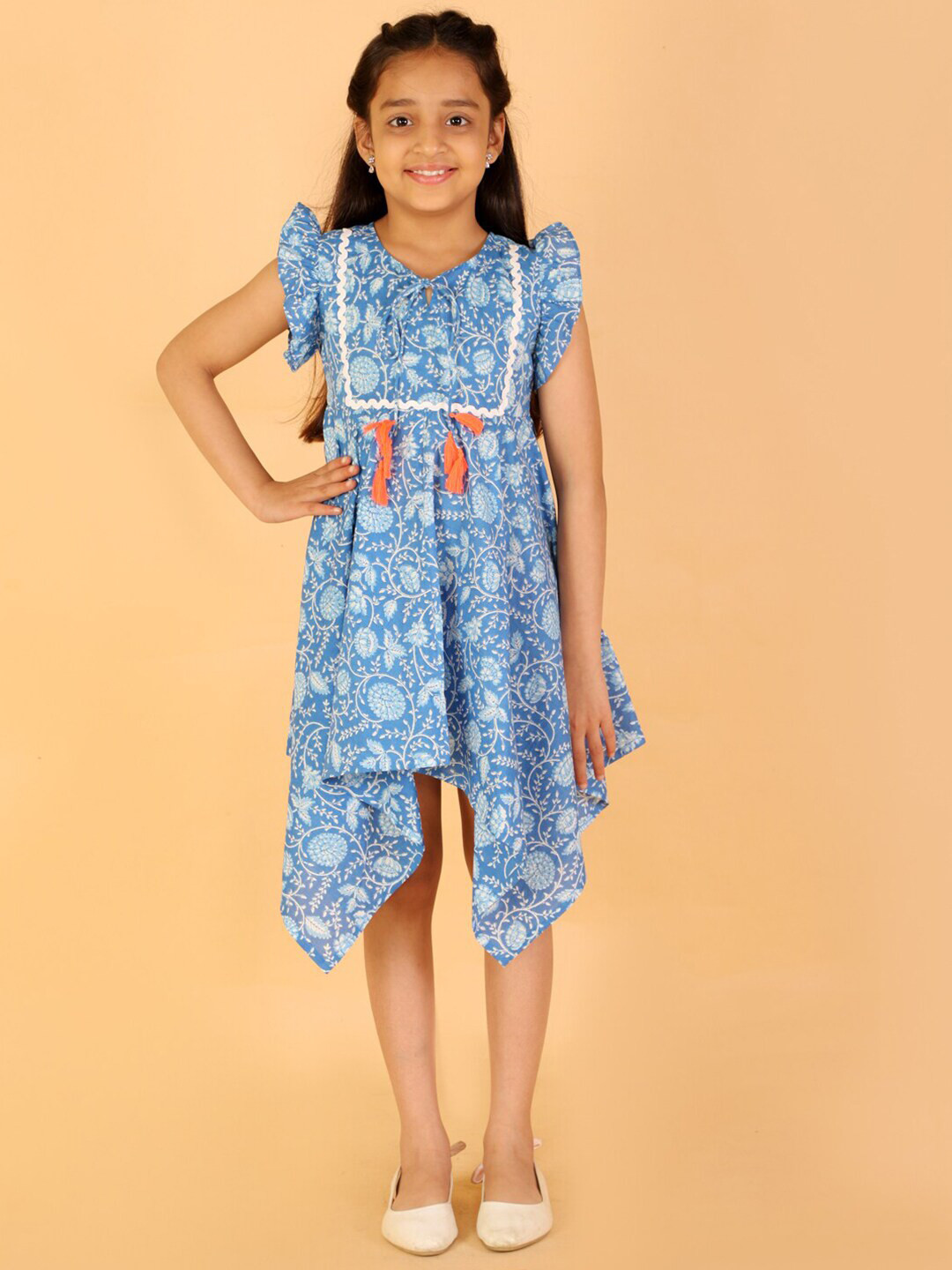 LIL DRAMA Girls Blue Floral Cotton Midi Dress