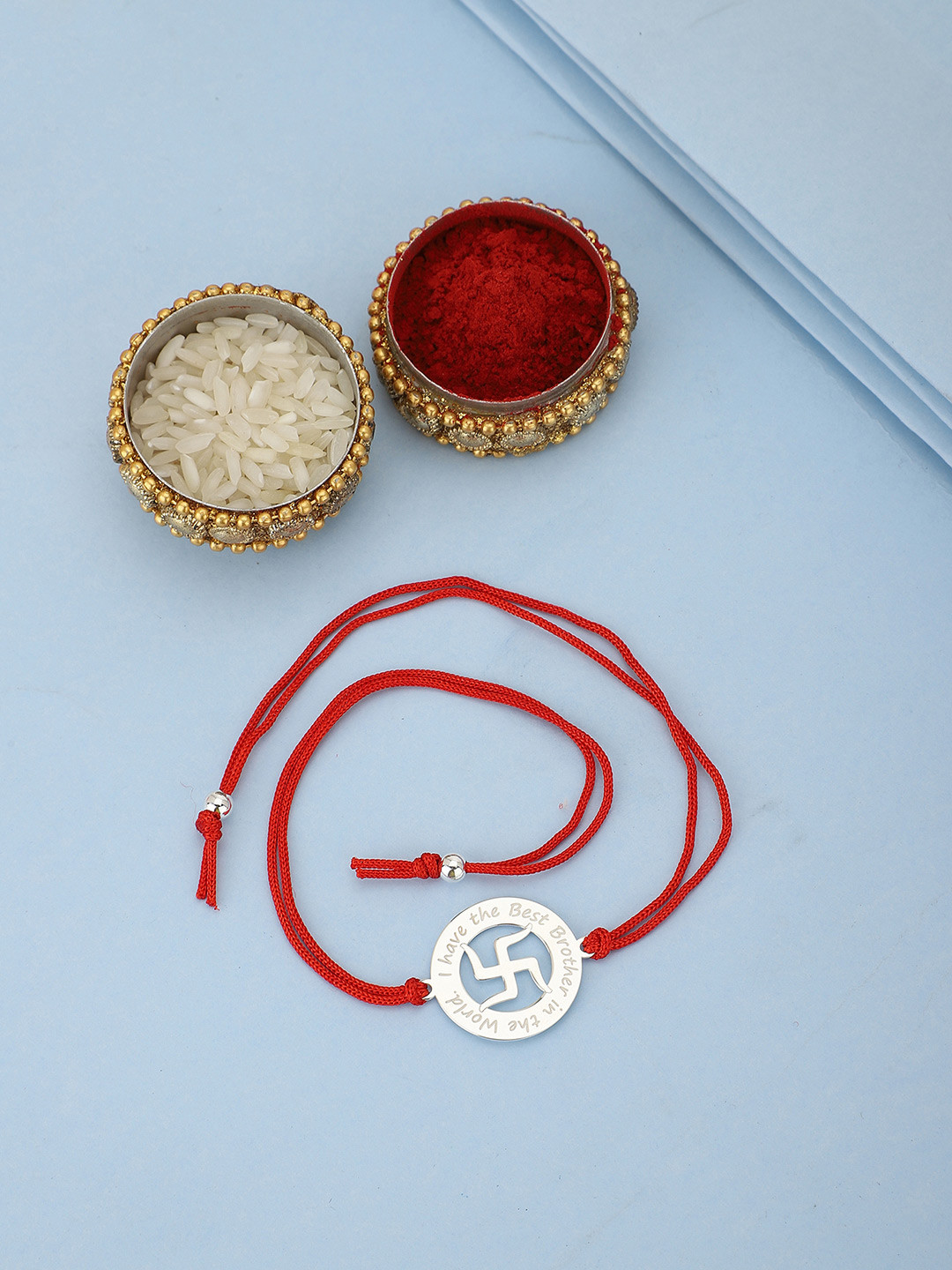 Carlton London Men Silver-Toned & Red Typography Engraved 925 Sterling Silver Rakhi