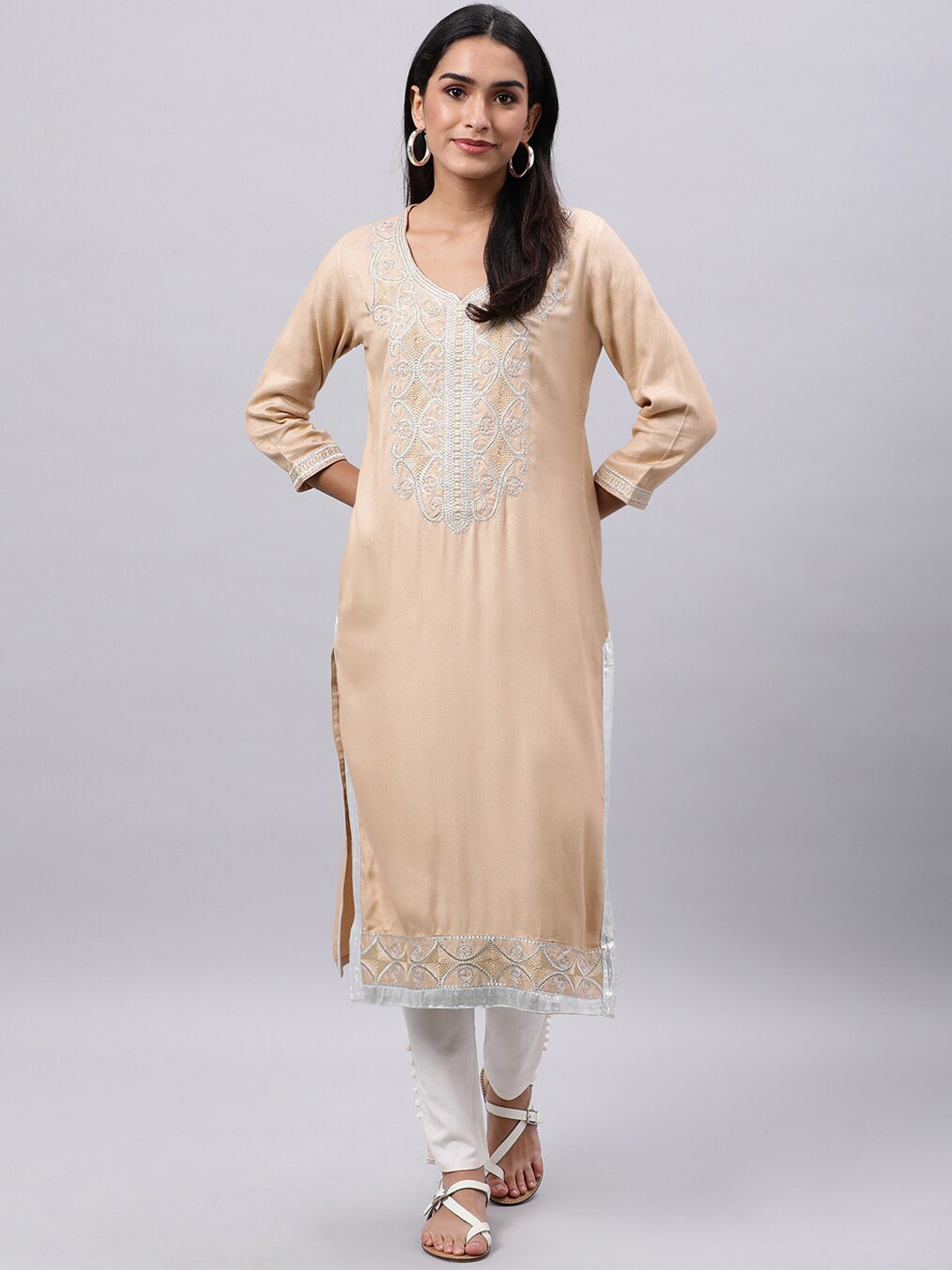 Souchii Women Beige Thread Work Grandeur & Majestic Artwork Kurta
