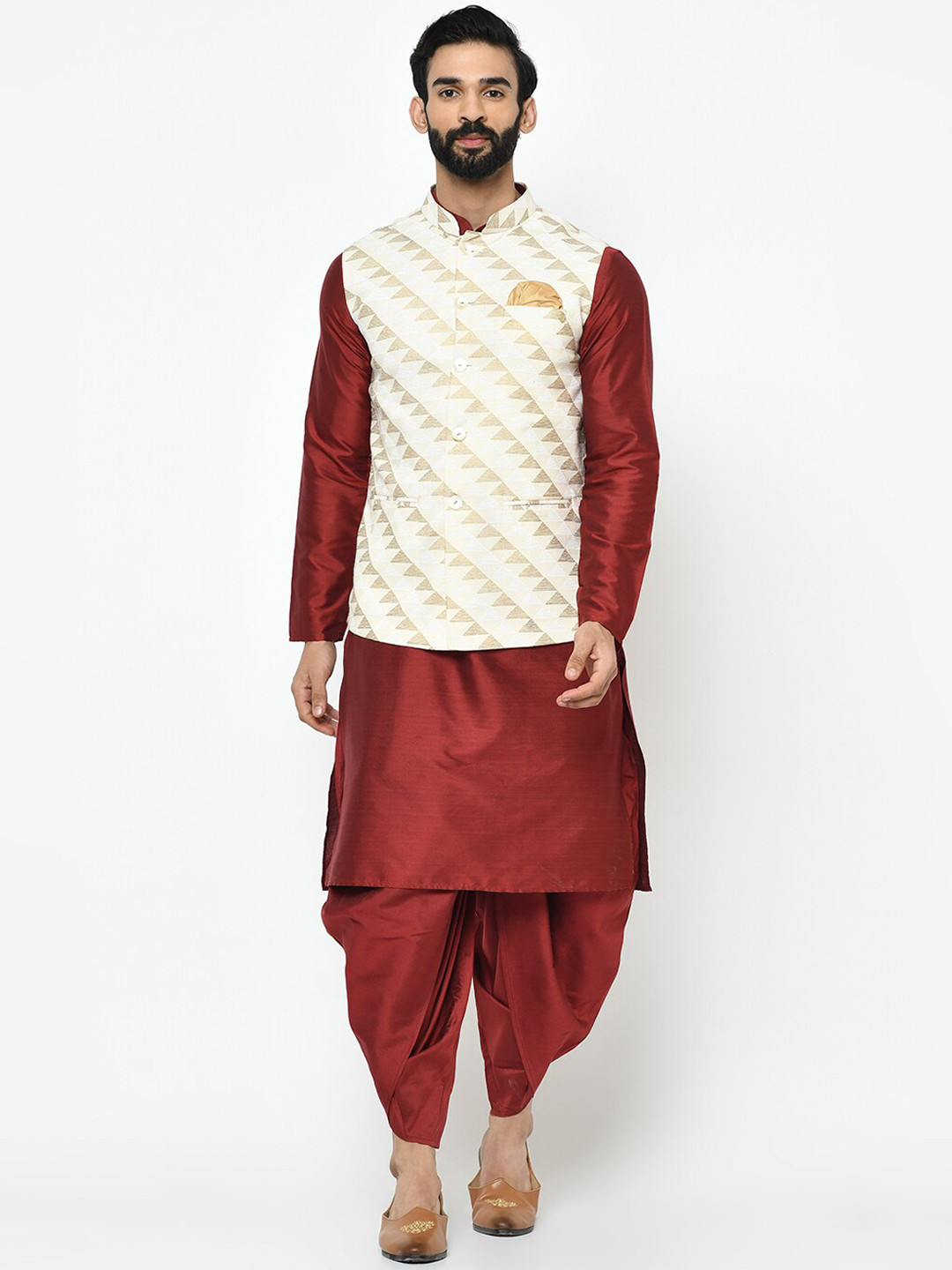 KISAH Men Off White & Maroon Cotton Blend Kurta with Dhoti Pant With Nehru jacket