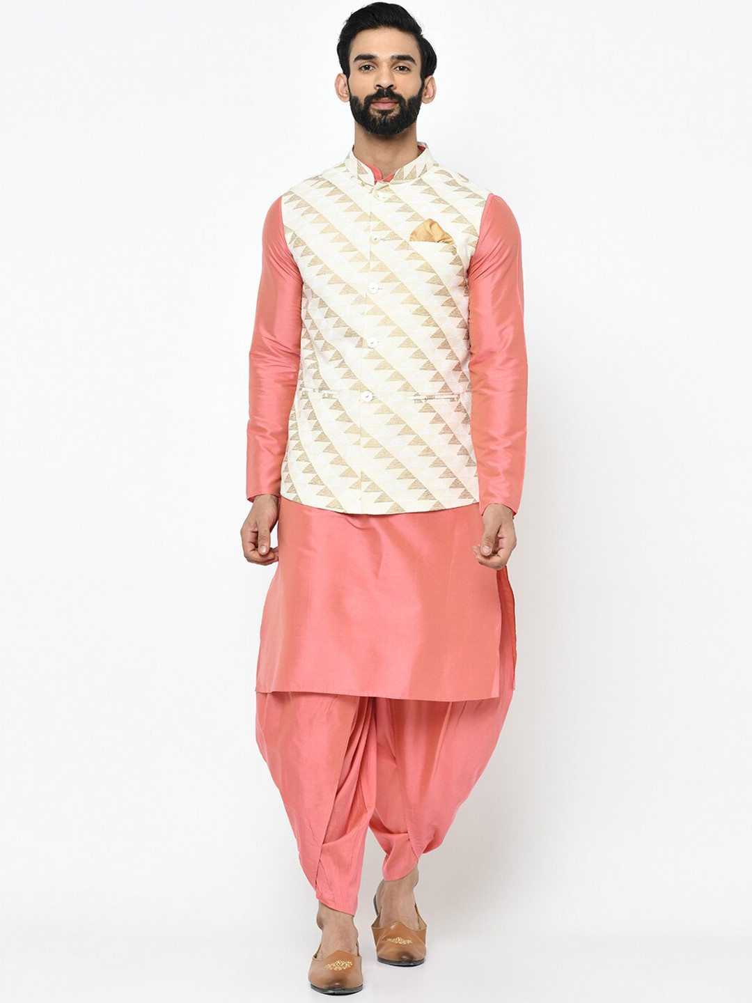 KISAH Men Off White Pleated Kurta with Dhoti Pants