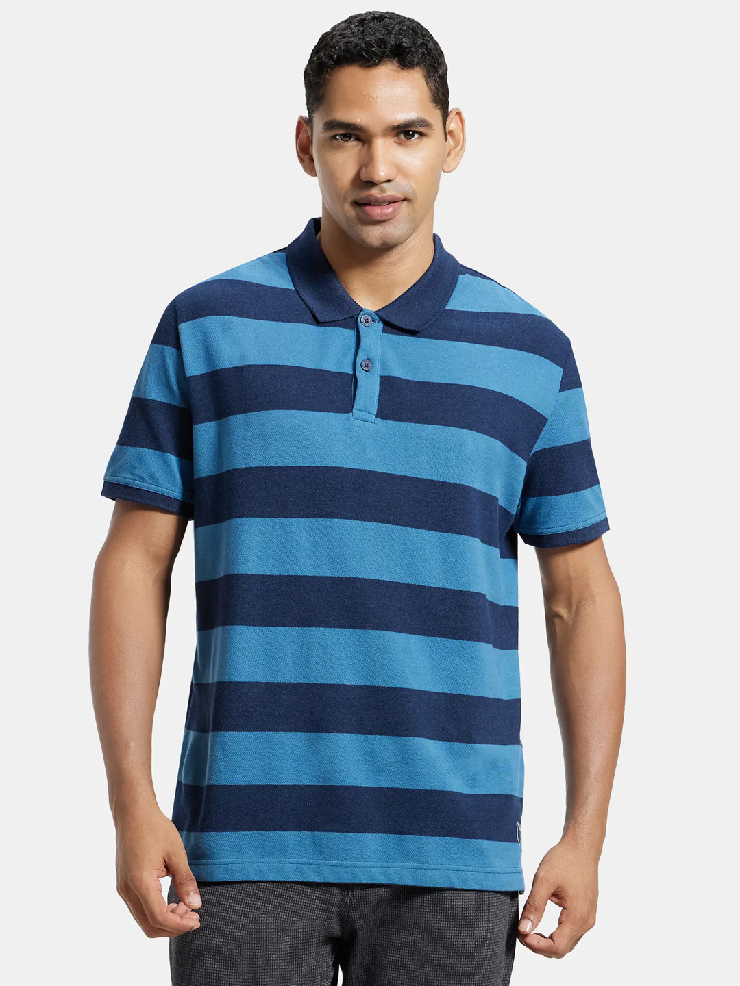 Jockey Men Blue Striped Polo Collar T-shirt