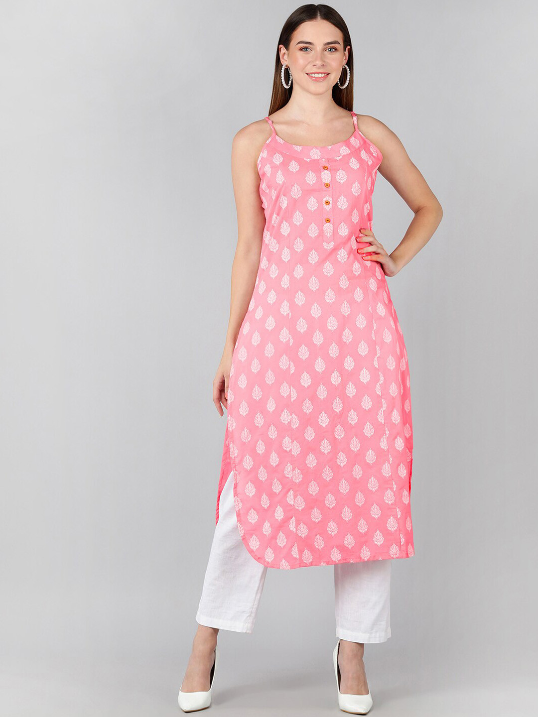 ZNX Clothing Women Pink & White Printed Shoulder Strap Straight Kurta