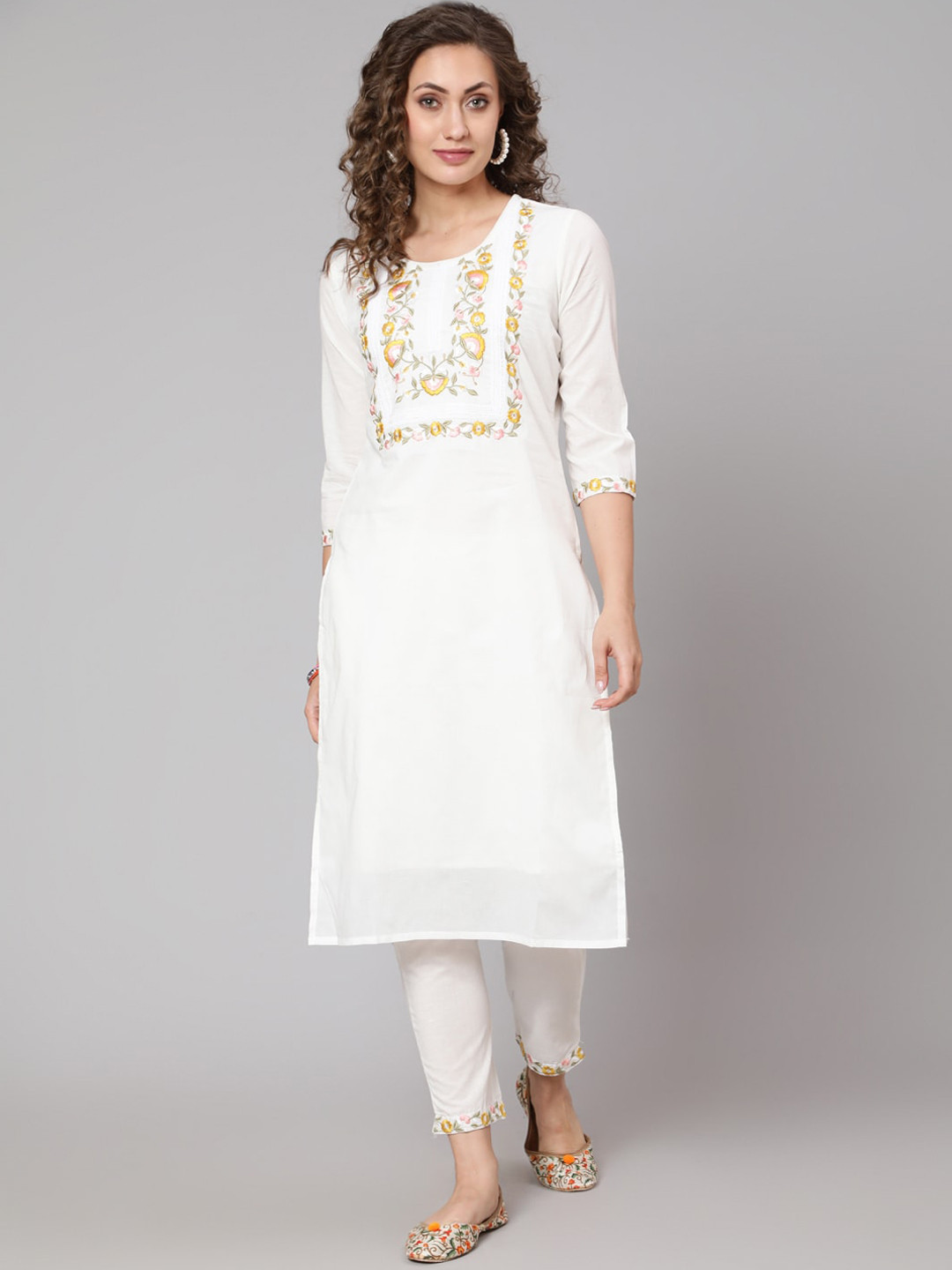 antaran Women White Floral Yoke Design Empire Pure Cotton Kurti with Trouser