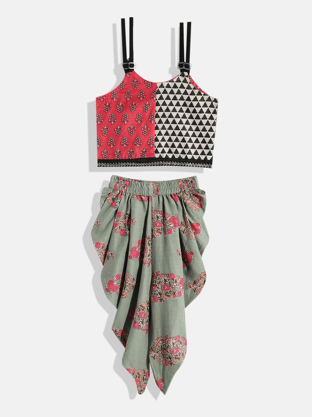 Twisha Girls Pink & Green Printed Top with Dhoti Pants