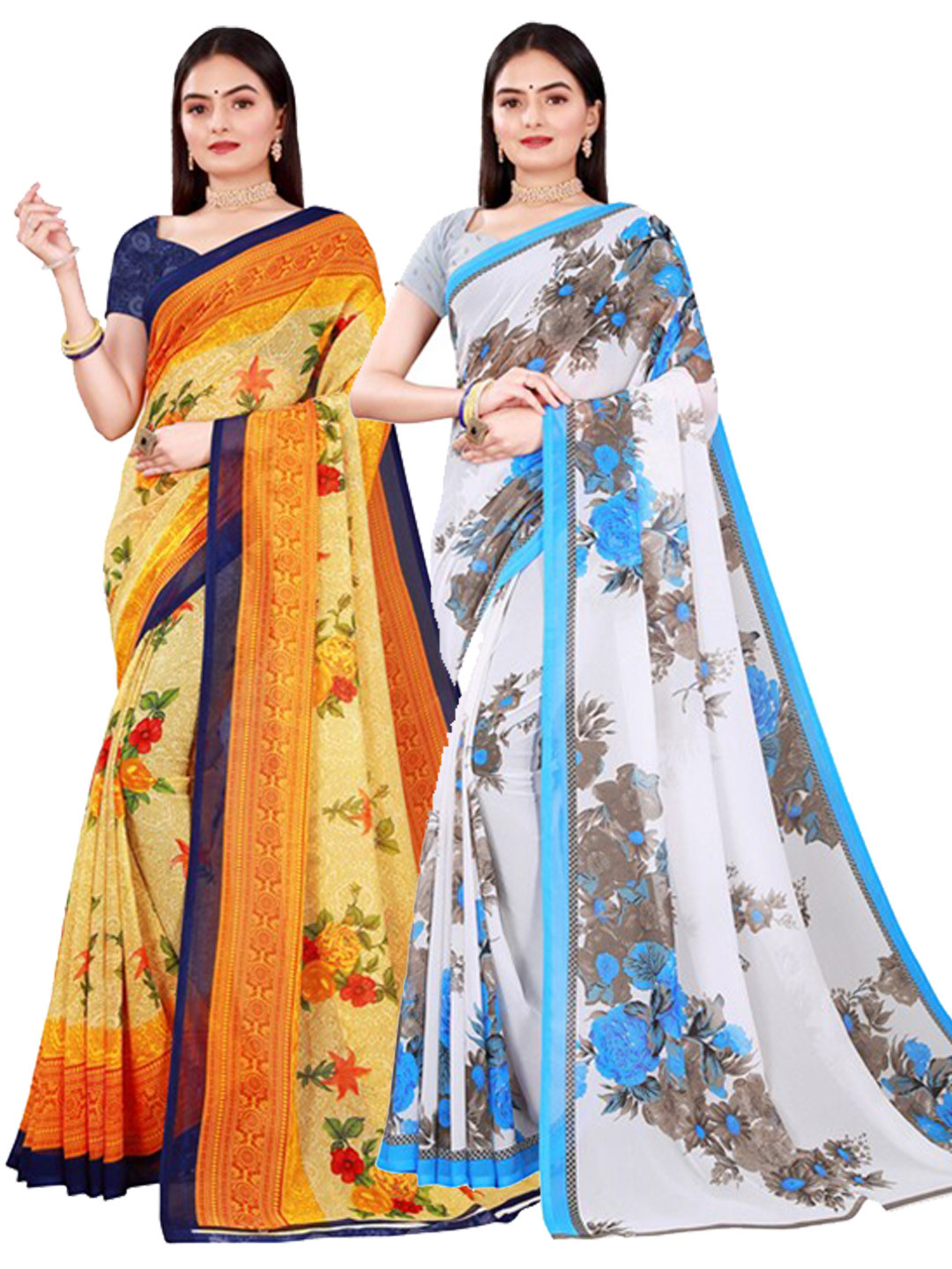 Florence Pack Of 2 Women Yellow & White Pure Georgette Saree With Unstitched Blouse