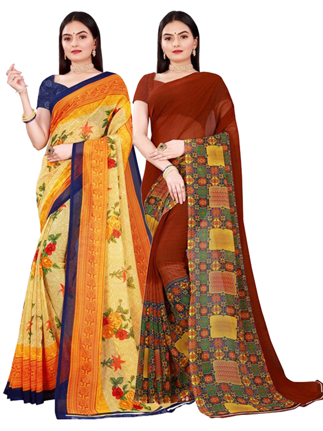 KALINI Pack Of 2  Beige & Maroon Printed Pure Georgette Saree With Unstitched Blouse