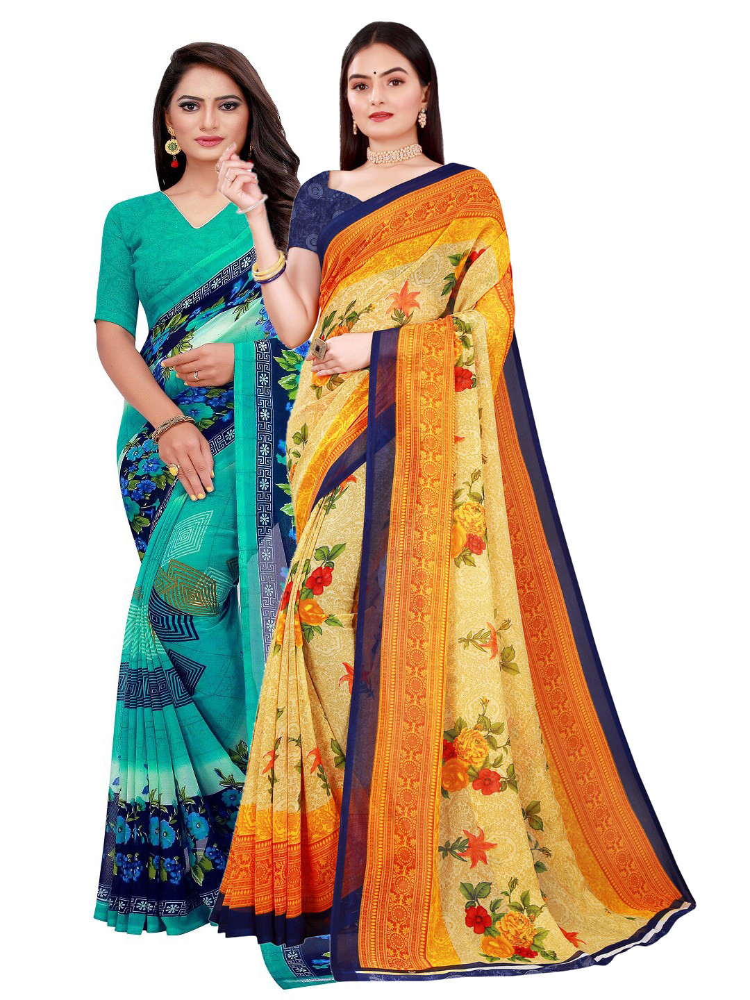 KALINI Beige & Teal Pack Of 2 Floral Pure Georgette Saree