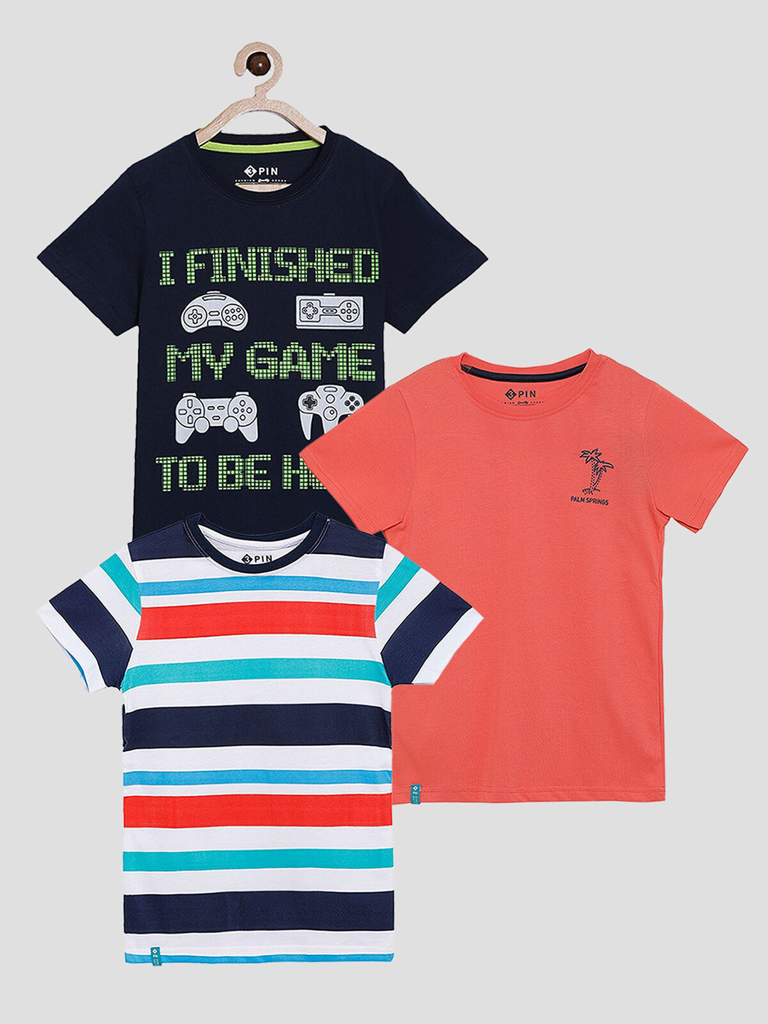 3PIN Boys Black and Blue Typography 3 Striped T-shirt