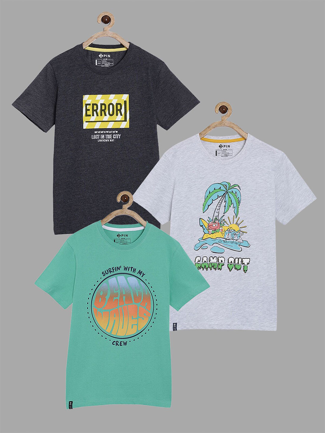 3PIN Boys White And Black  3 Printed  T-shirt