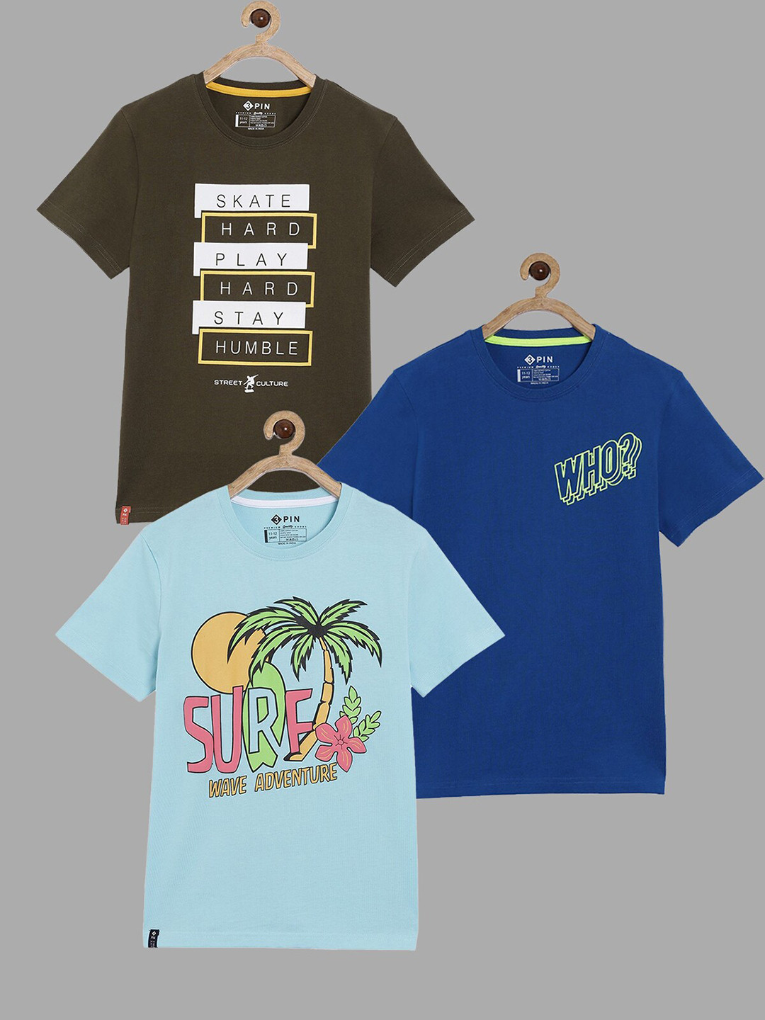 3PIN Boys Blue And Green Typography 3 Printed T-shirt