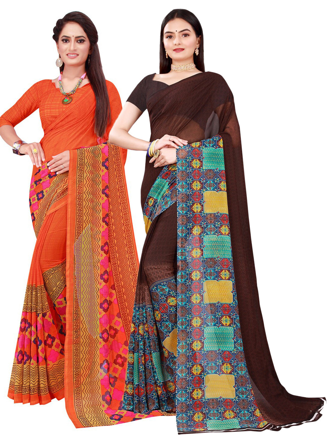 SAADHVI Orange & Brown Pure Georgette Saree