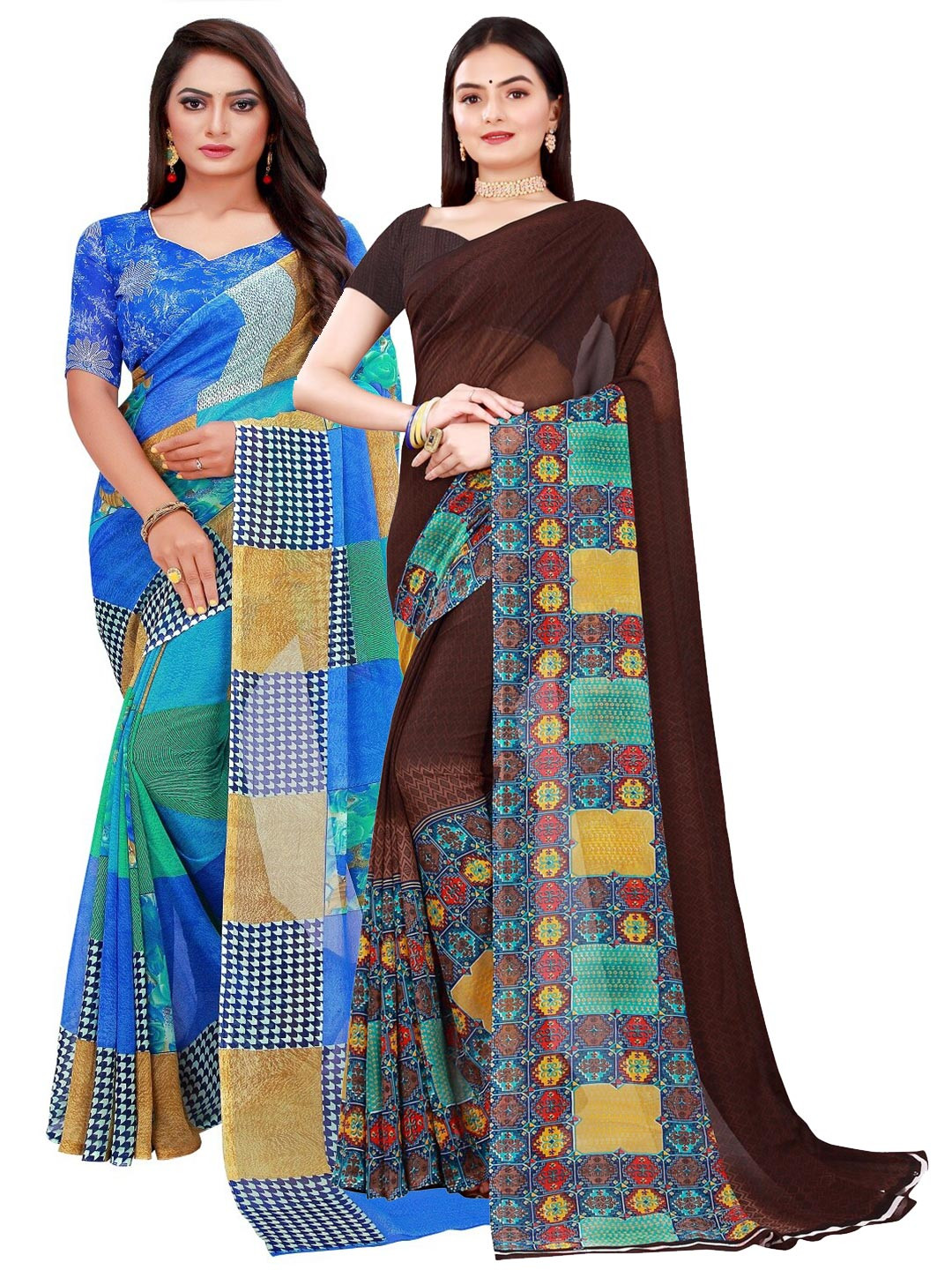SAADHVI Pack Of 2  Blue & Brown Printed  Pure Georgette Saree With Unstitched Blouse