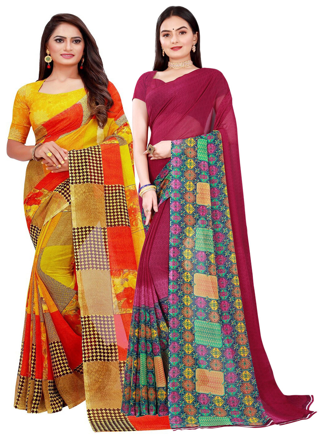 SAADHVI Pack Of 2 Maroon & Yellow Printed  Pure Georgette Saree With Unstitched Blouse