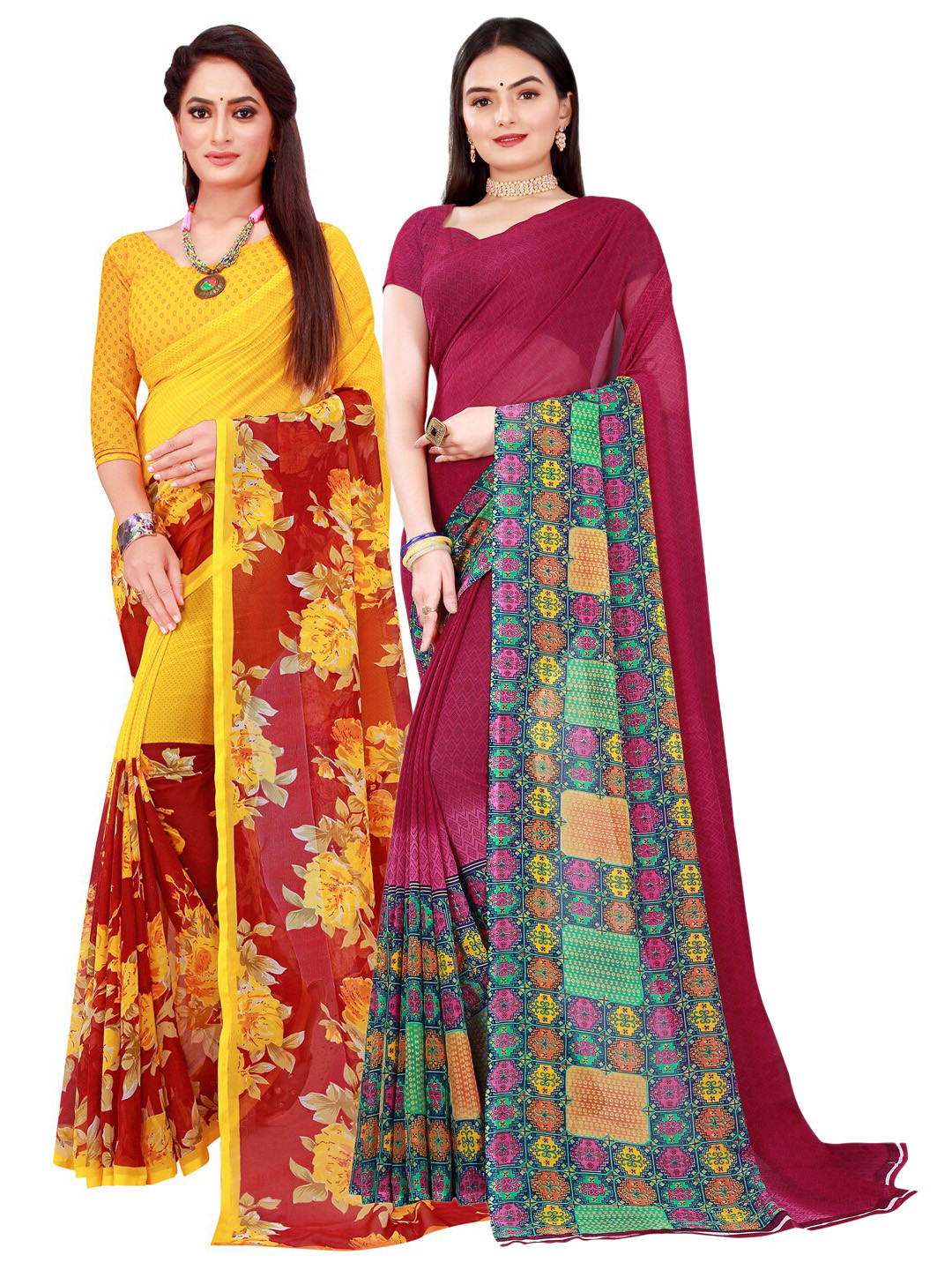 SAADHVI Pack Of 2 Red & Yellow Floral Printed Georgette Saree  With Unstitched Blouse