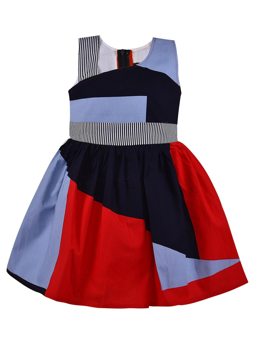 Wish Karo Girls Navy Blue And Red Color Blocked Dress