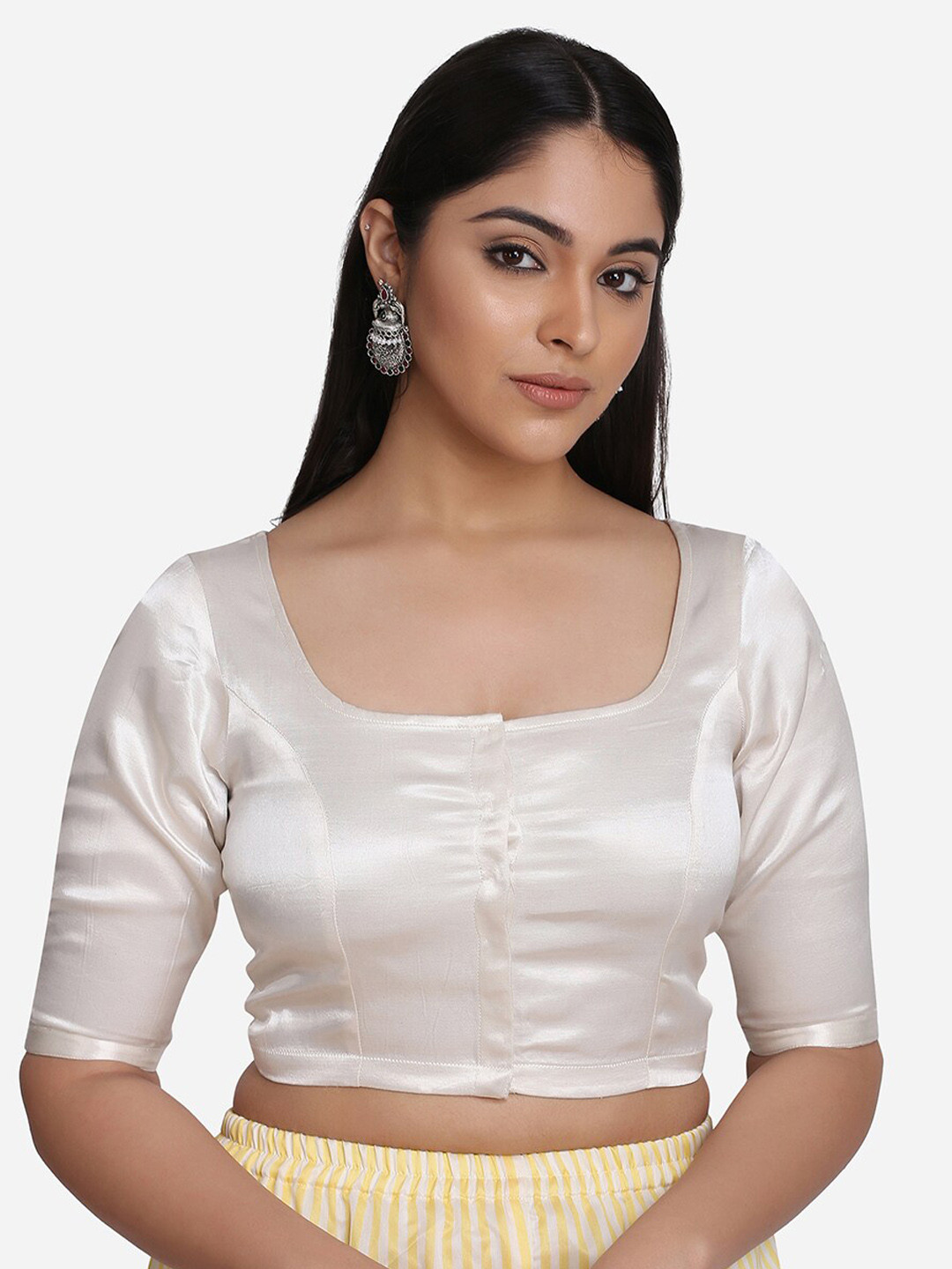 THE WEAVE TRAVELLER Women White Solid Ready-made Saree Blouse