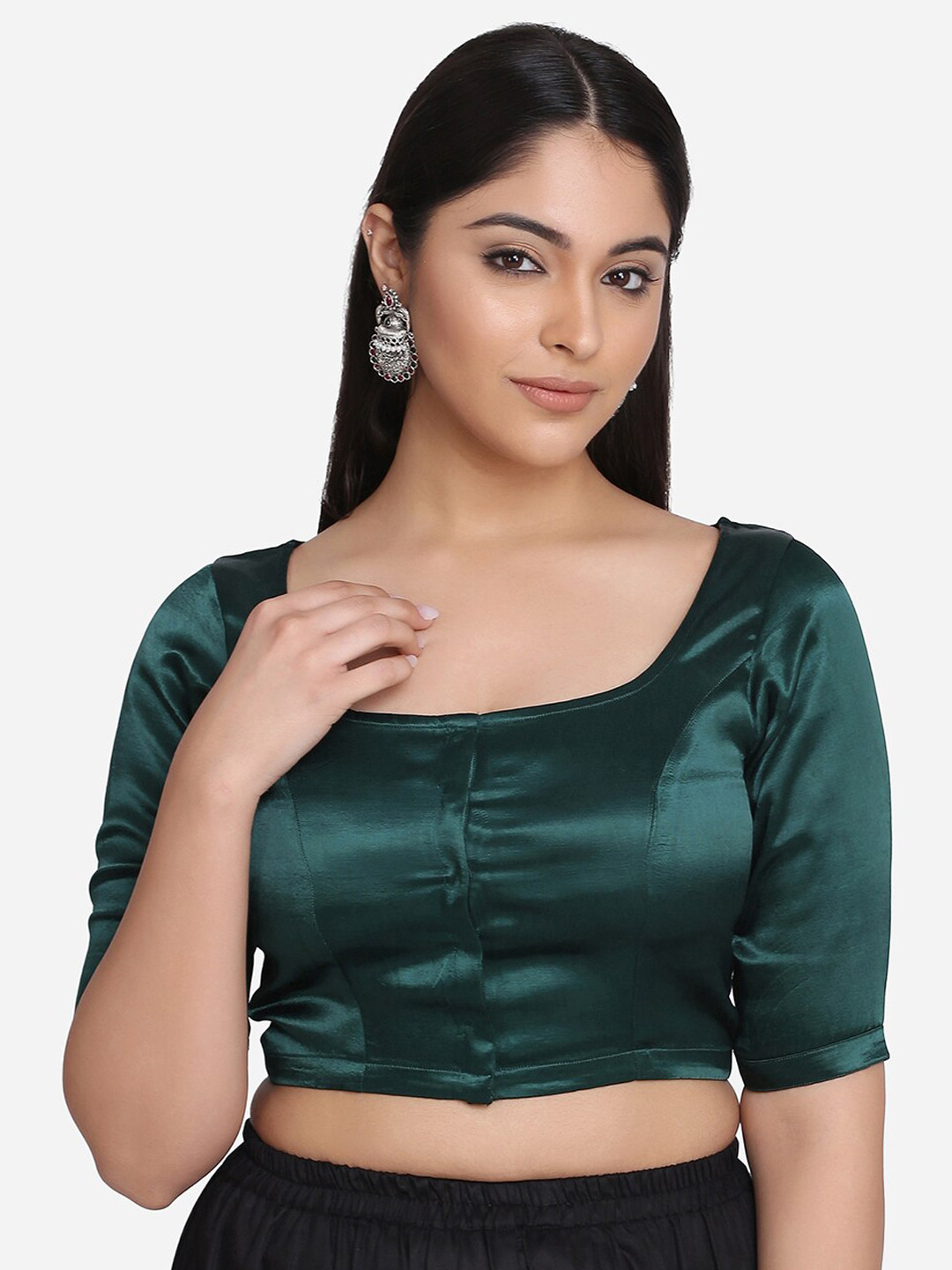THE WEAVE TRAVELLER Dark-Green Solid Mashru Saree Blouse